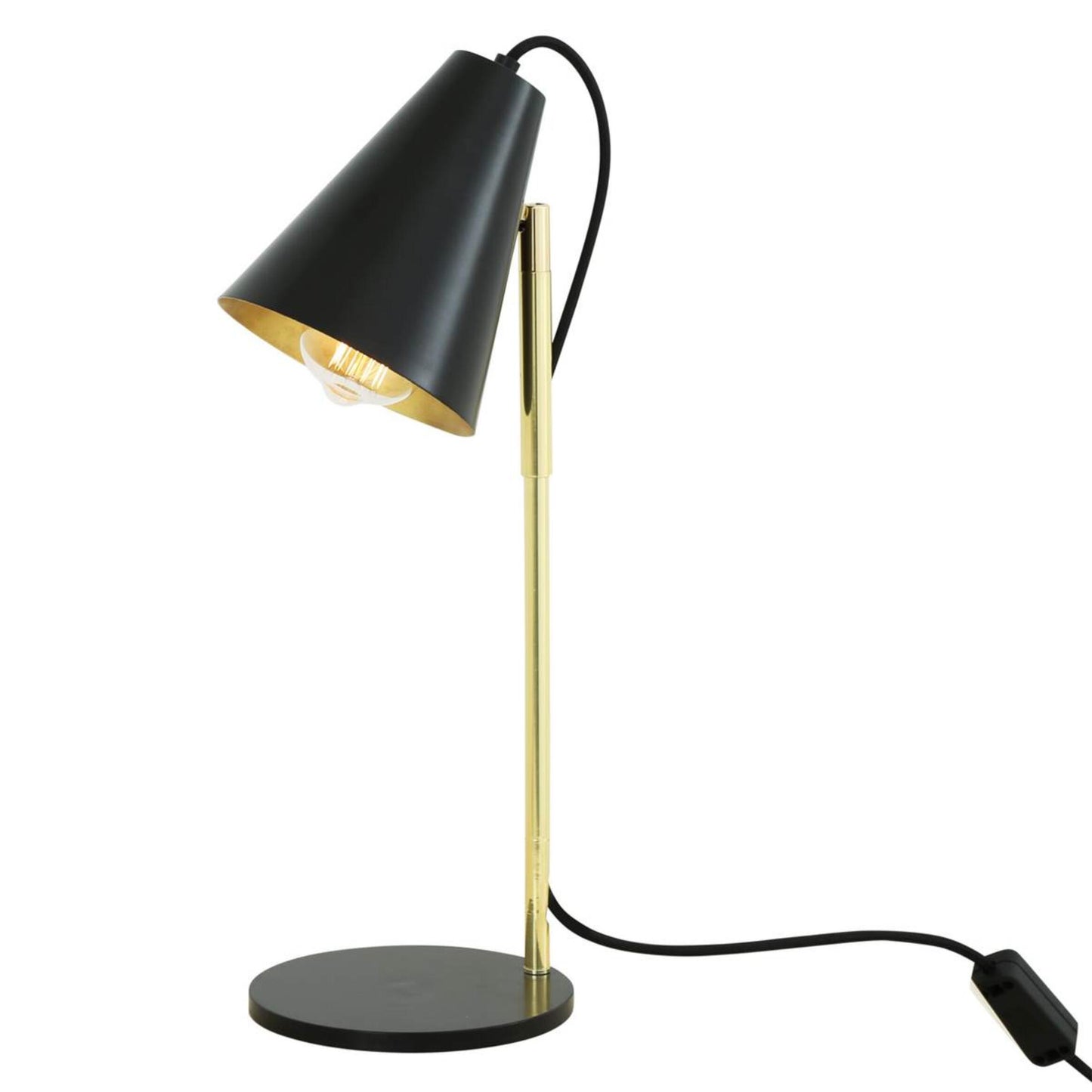 Table lamp with black shade and gold base on a white background