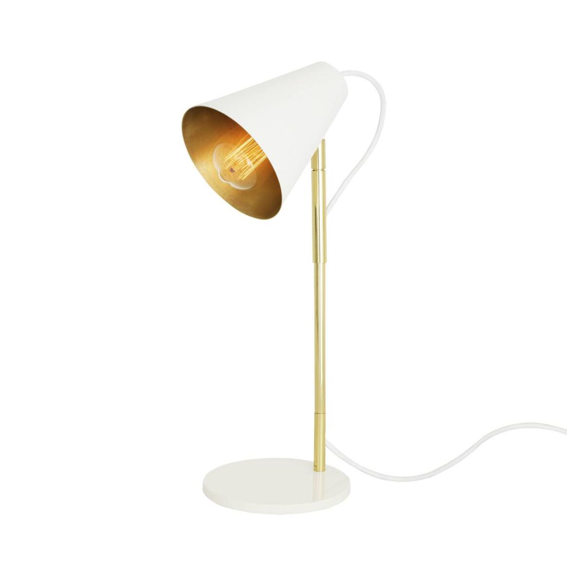 Table lamp with white shade and gold base on a white background