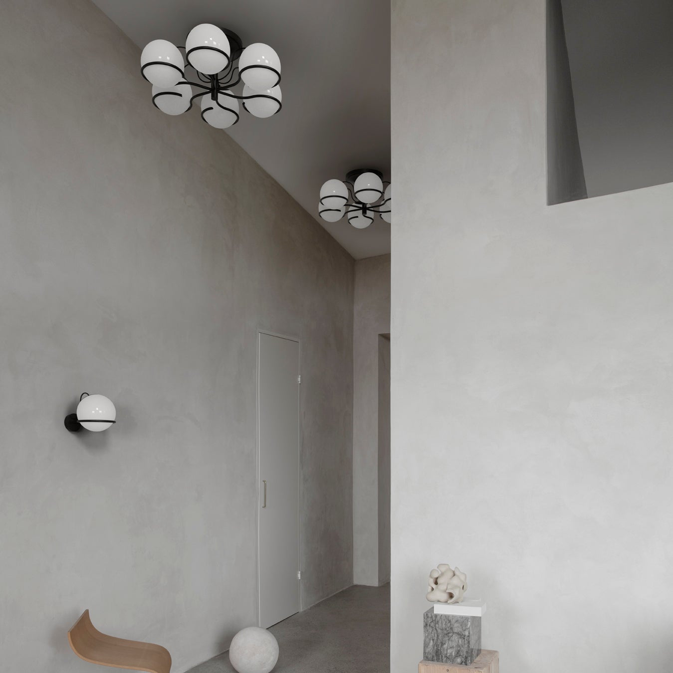 Astep Model 2042/6 Ceiling Lamp featuring six opaline glass globes arranged on an elegant brass frame, delivering mid-century style and soft ambient light.