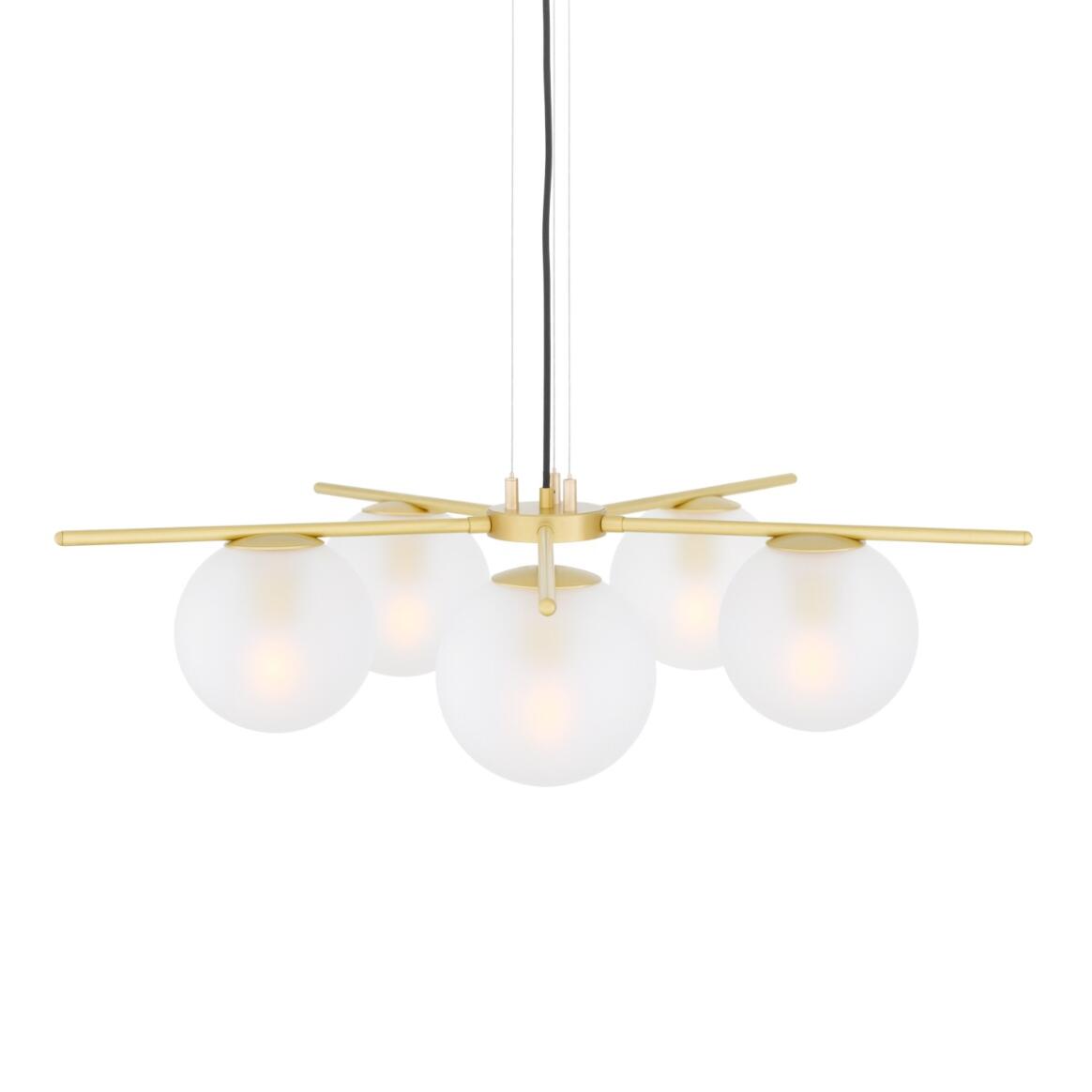 The Madison chandelier is a contemporary glass ball chandelier with five arms. Each brass arm radiates from a brass centre, stretching to a total diameter of 80cm.

A 17cm glass globe shade is elegantly suspended from each brass sleeve. The glass ball shade can be clear or frosted and is internally threaded to fit seamlessly into the gallery above.

The Madison glass ball chandelier is carefully suspended using three strands of discreet but strong catenary wire that are attached to the supplied cast brass c