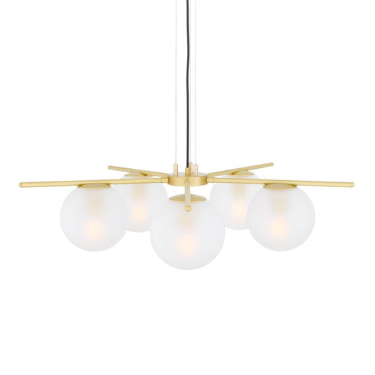 The Madison chandelier is a contemporary glass ball chandelier with five arms. Each brass arm radiates from a brass centre, stretching to a total diameter of 80cm.

A 17cm glass globe shade is elegantly suspended from each brass sleeve. The glass ball shade can be clear or frosted and is internally threaded to fit seamlessly into the gallery above.

The Madison glass ball chandelier is carefully suspended using three strands of discreet but strong catenary wire that are attached to the supplied cast brass c