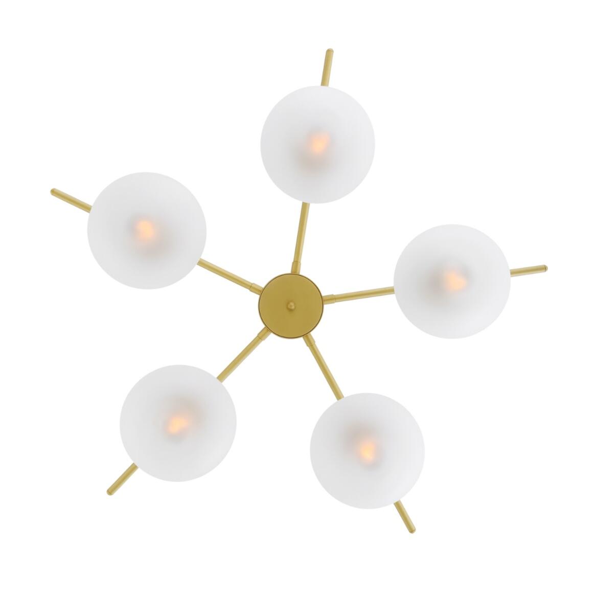 Modern ceiling light fixture with white spherical lights and gold accents on a white background