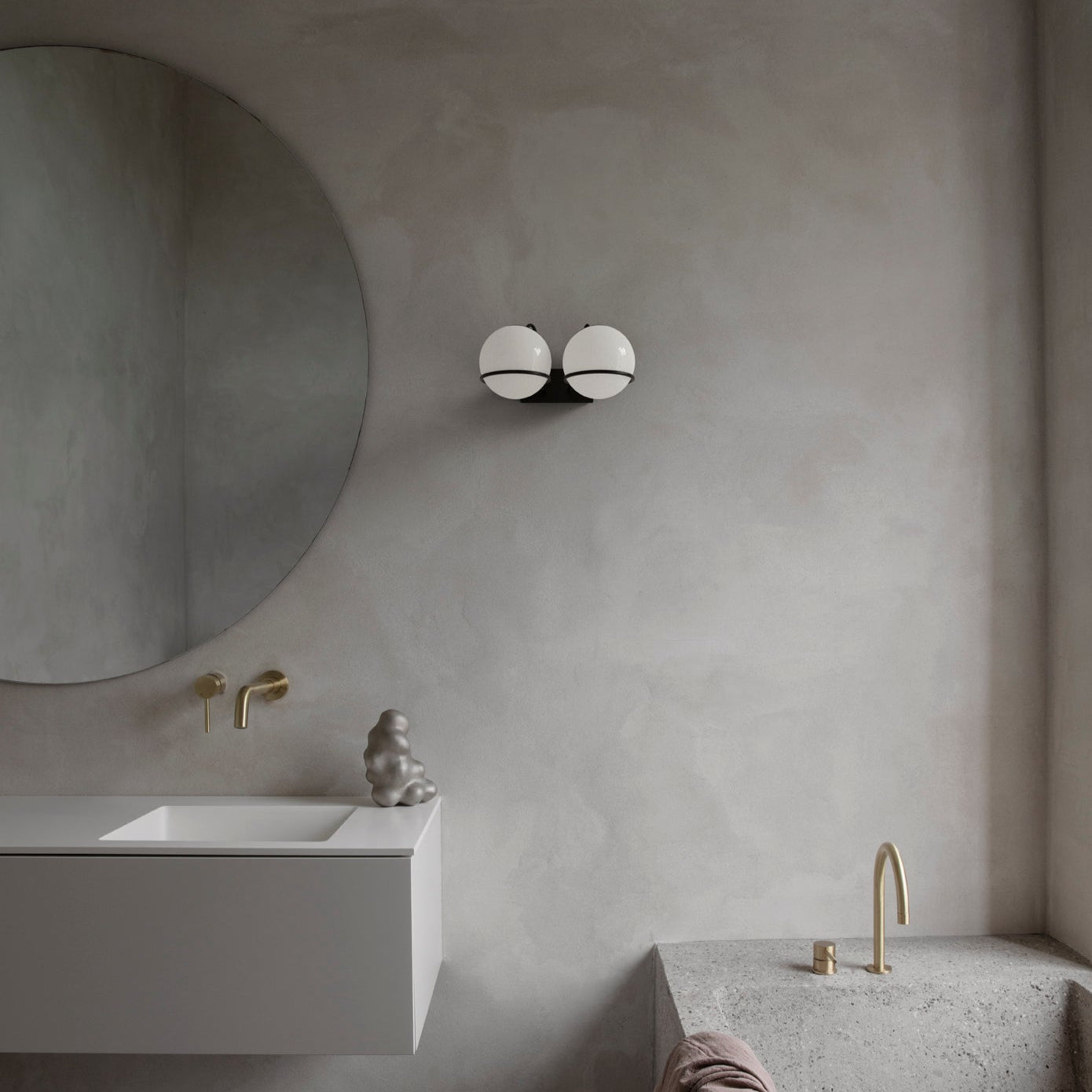 Astep Model 238/2 wall lamp with two 20 cm opaline glass globes held by black (or champagne) steel rings, mounted on rectangular backplate