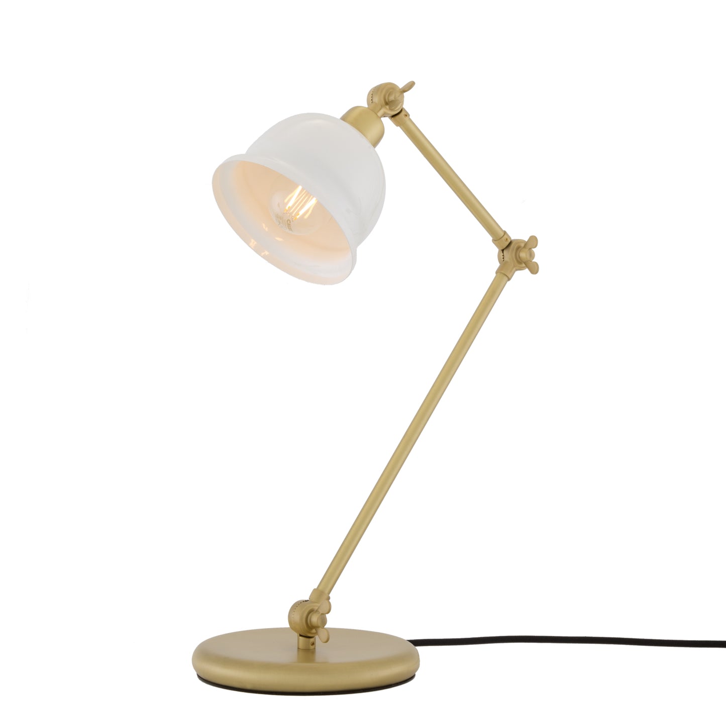 Table lamp with white shade and beige base on a white background