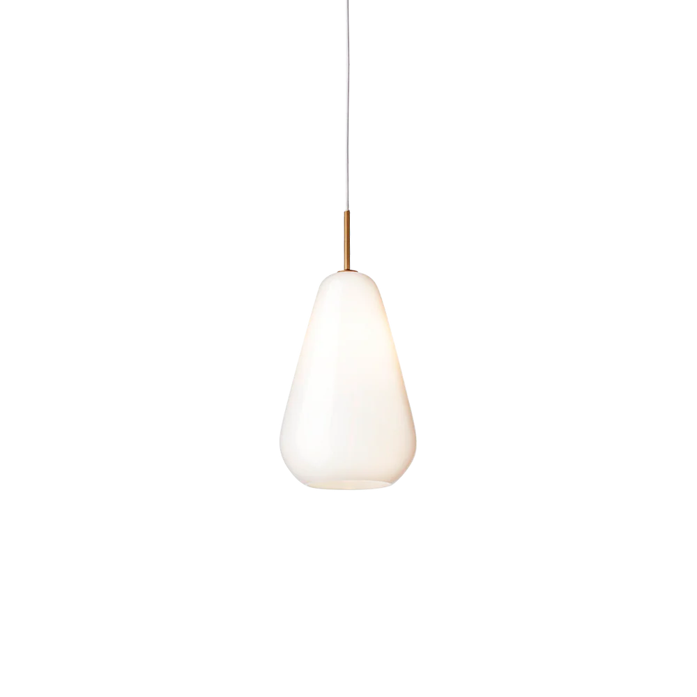 Anoli 1 medium pendant lamp by Nuura with a snowdrop-inspired opal glass shade, gold metal details, and black cord — perfect for Nordic minimalist lighting.