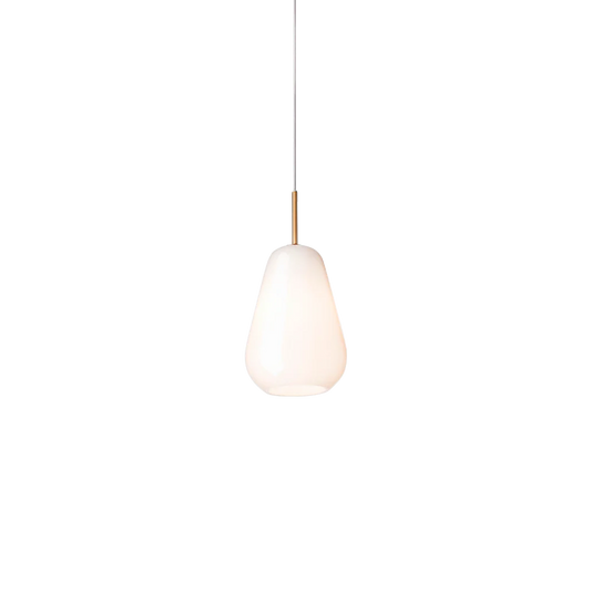 Anoli 1 Small pendant lamp by Nuura featuring a drop-shaped opal white glass shade with golden accents and a black fabric cord.







