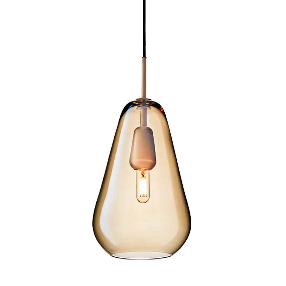 Anoli 1 medium pendant lamp by Nuura with a snowdrop-inspired opal glass shade, gold metal details, and black cord — perfect for Nordic minimalist lighting.