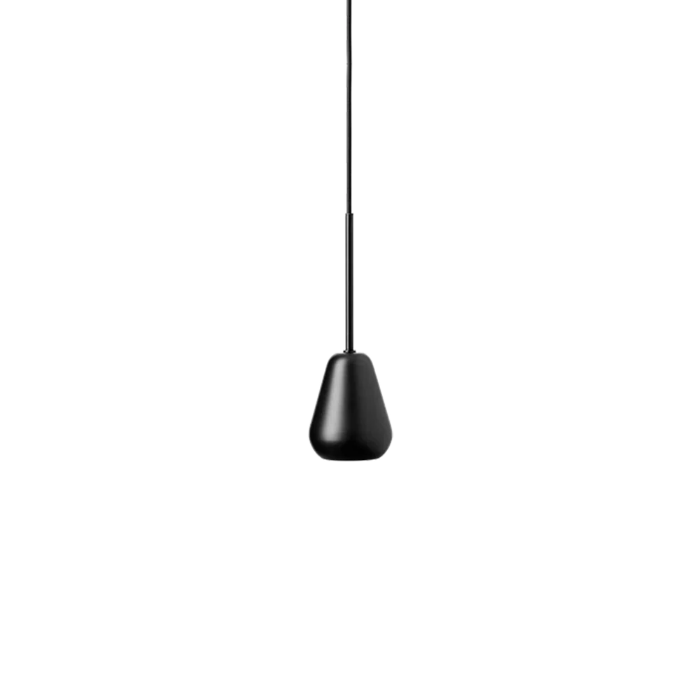 Anoli Spot Pendant by Nuura featuring a white metal teardrop shade, gold suspension, and black fabric cord for modern, focused interior lighting.