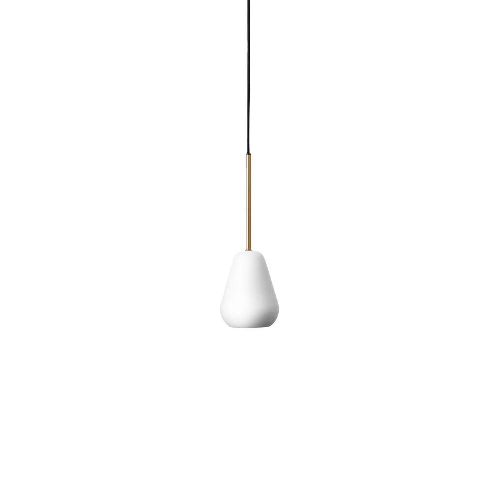 Anoli Spot Pendant by Nuura featuring a white metal teardrop shade, gold suspension, and black fabric cord for modern, focused interior lighting.
