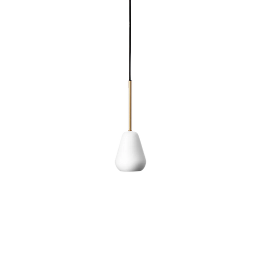Anoli Spot Pendant by Nuura featuring a white metal teardrop shade, gold suspension, and black fabric cord for modern, focused interior lighting.