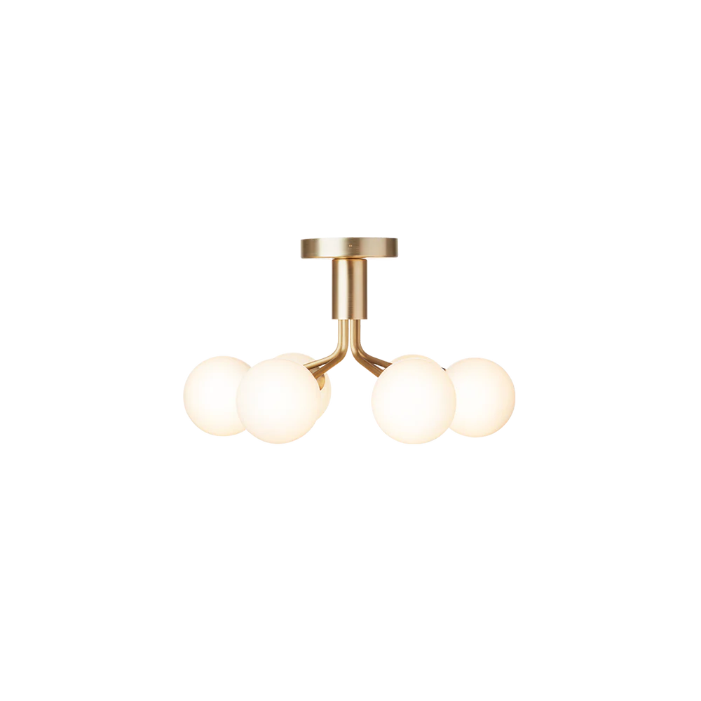 Nuura Apiales 6 Ceiling lamp with six smoked glass domes and black powder-coated frame, ideal for low ceilings and modern interiors.