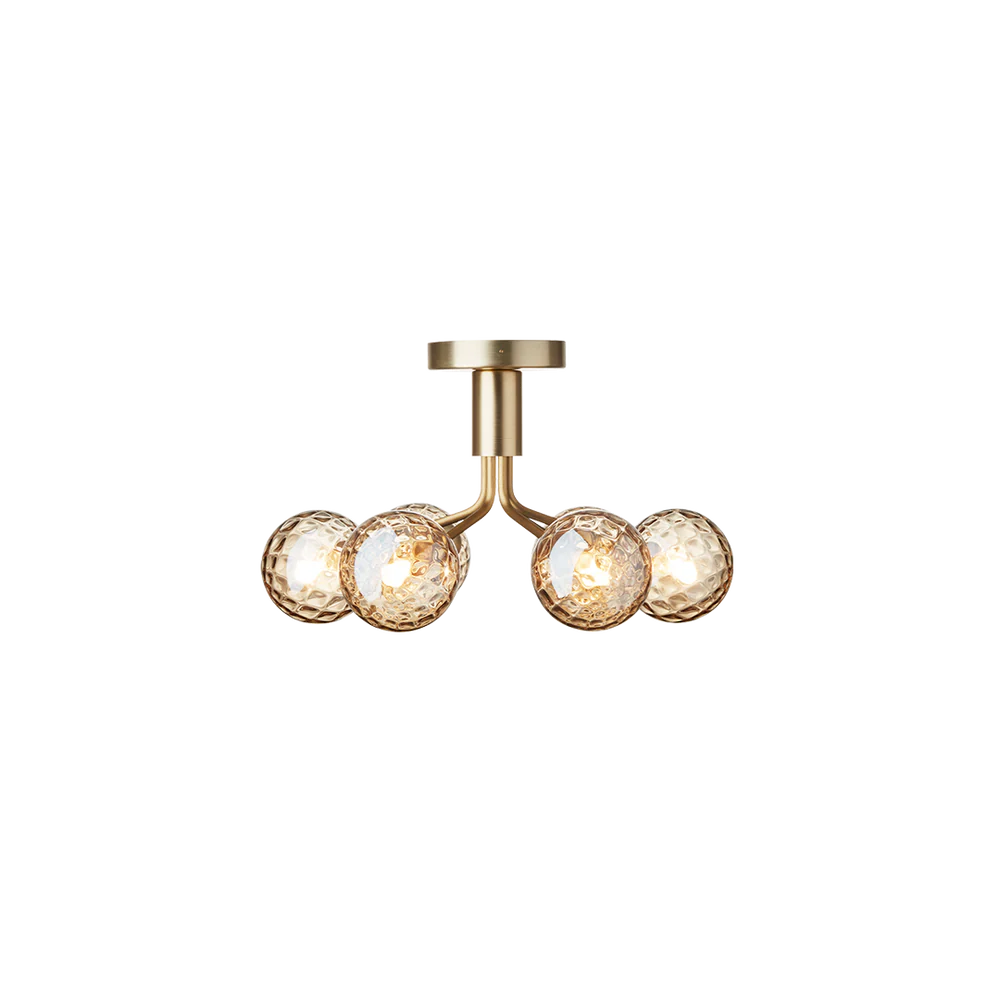 Low-profile ceiling light with six smoked glass globes and sleek black metal arms, designed for compact spaces with high design appeal.

