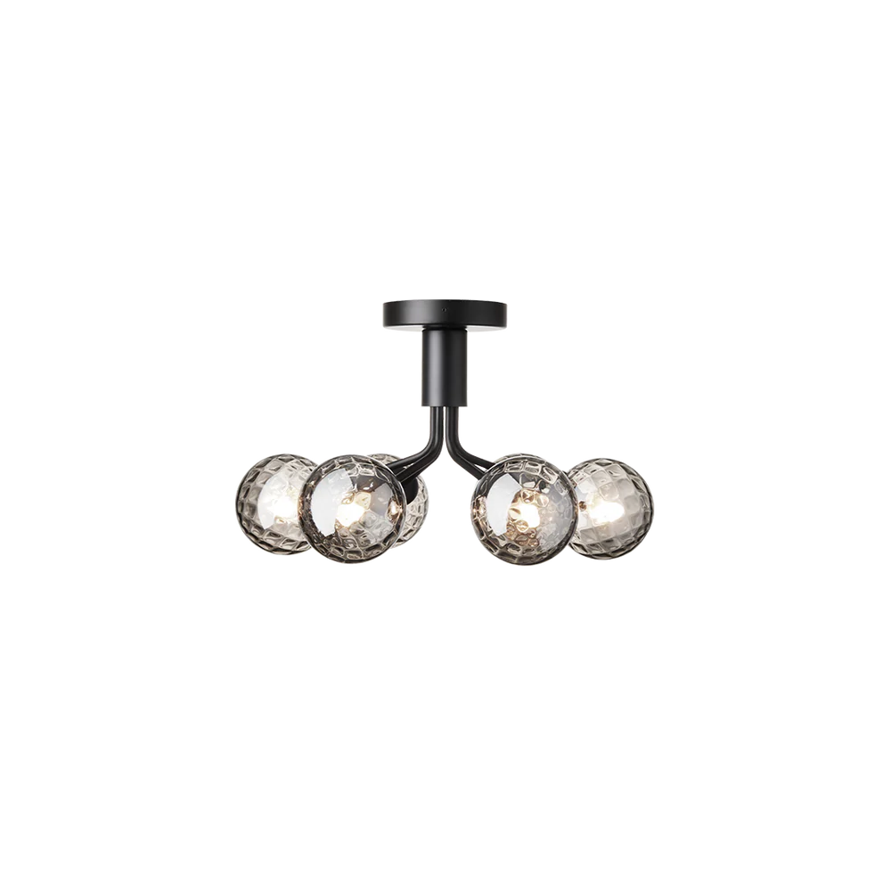 Low-profile ceiling light with six smoked glass globes and sleek black metal arms, designed for compact spaces with high design appeal.

