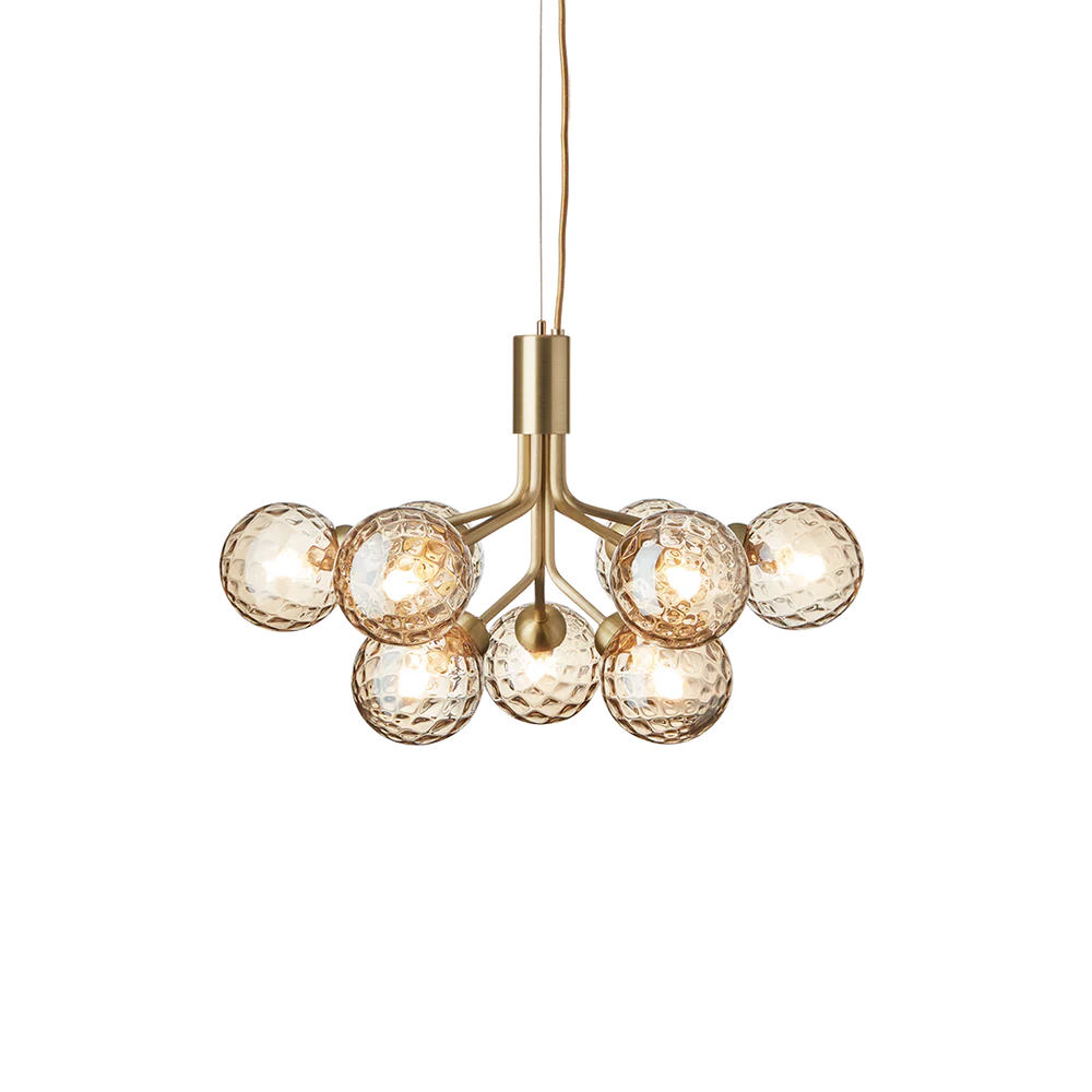 Nuura Apiales 9 chandelier with satin black arms and nine smoked glass shades, designed for modern interiors with elegant, ambient lighting.







