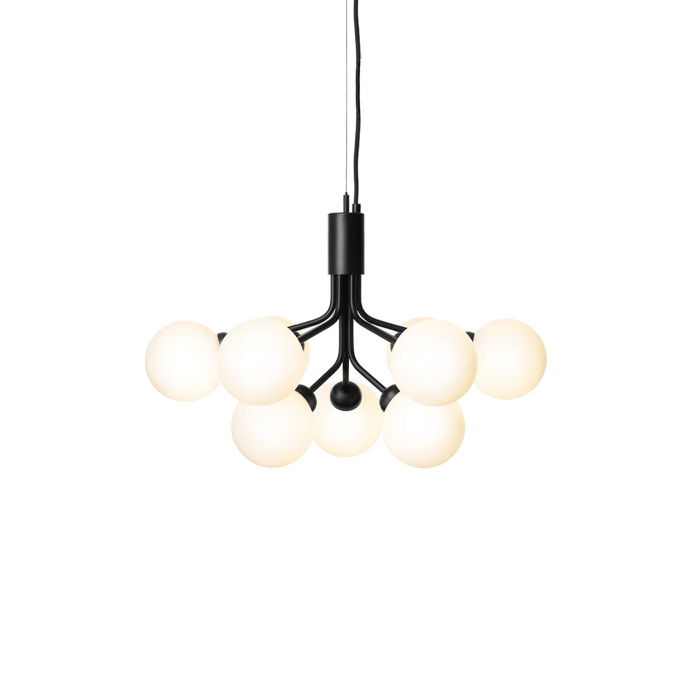 Nuura Apiales 9 chandelier with satin black arms and nine smoked glass shades, designed for modern interiors with elegant, ambient lighting.







