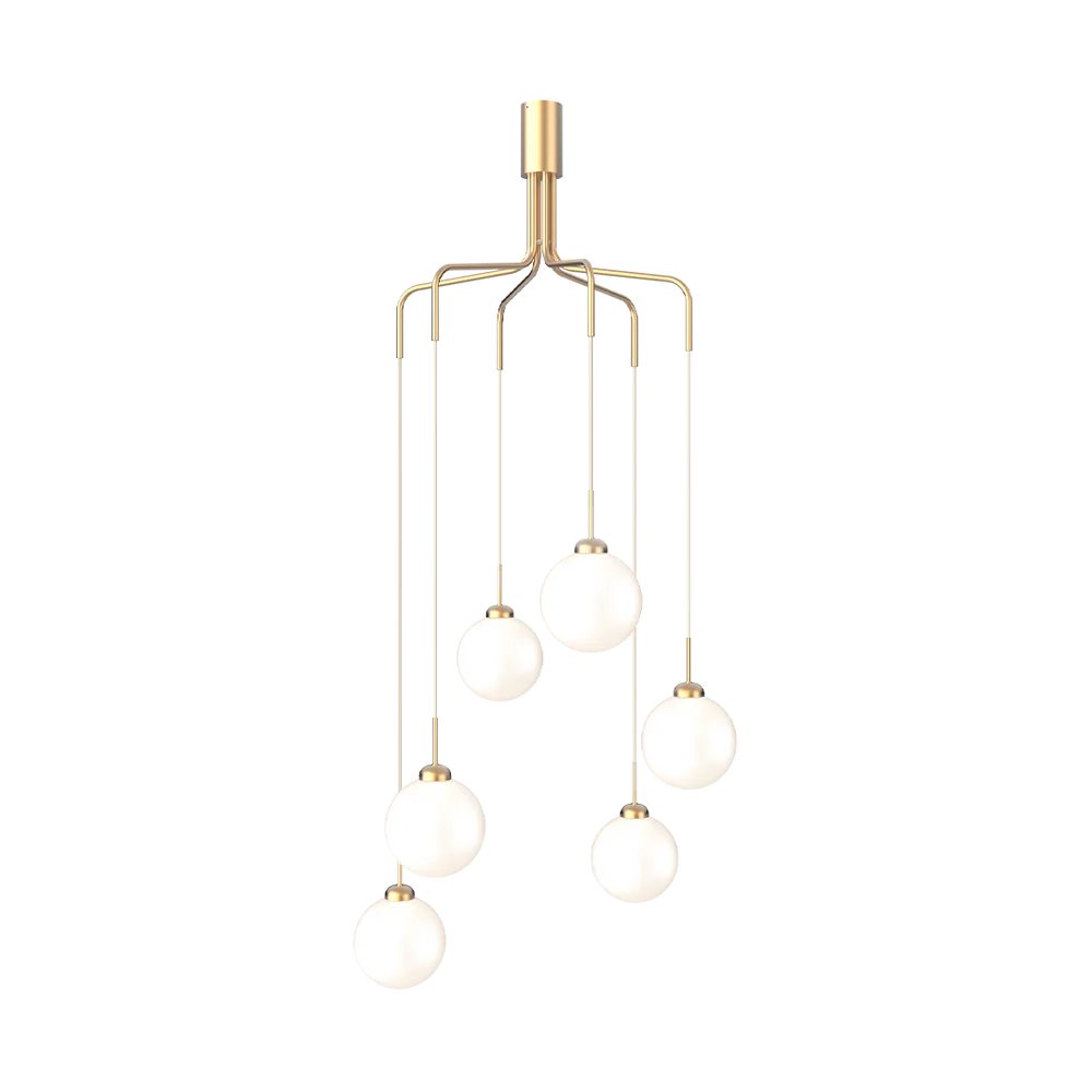 "Apiales Cluster 6 chandelier with opal glass globes and satin brass arms"

