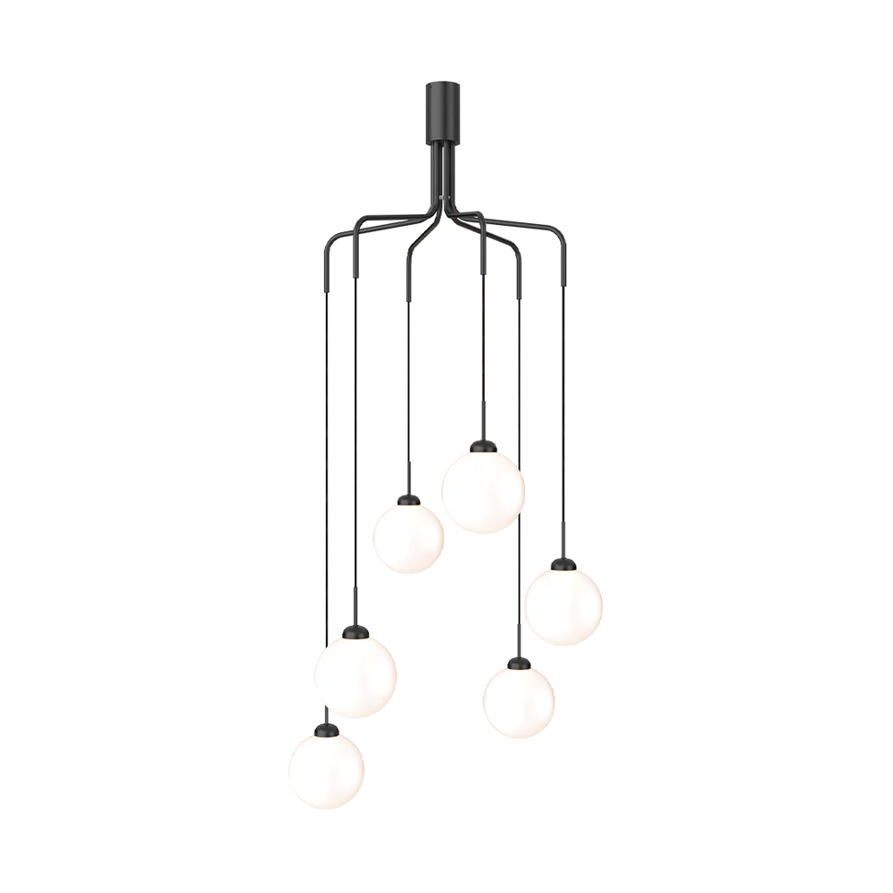 "Apiales Cluster 6 chandelier with opal glass globes and satin brass arms"

