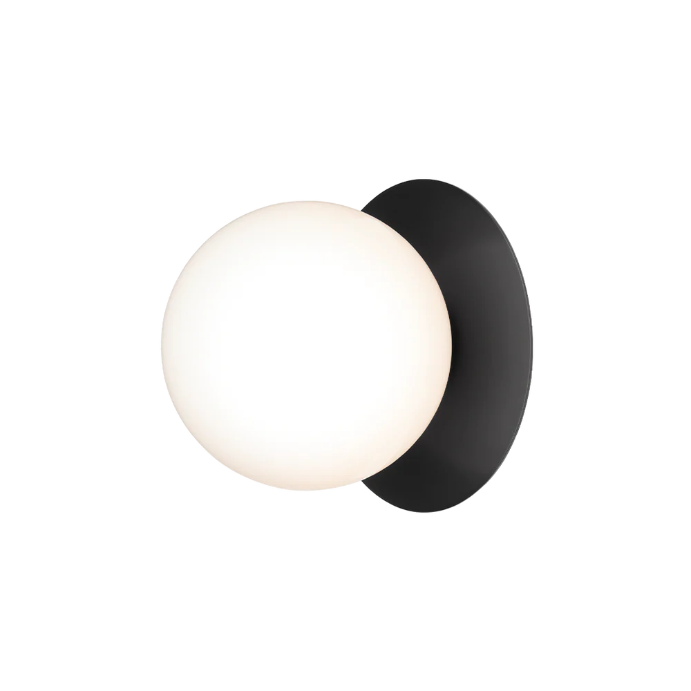 Nuura Liila 1 Outdoor Wall Lamp with black finish and opal glass globe, ideal for stylish outdoor wall or ceiling lighting in modern exterior spaces.