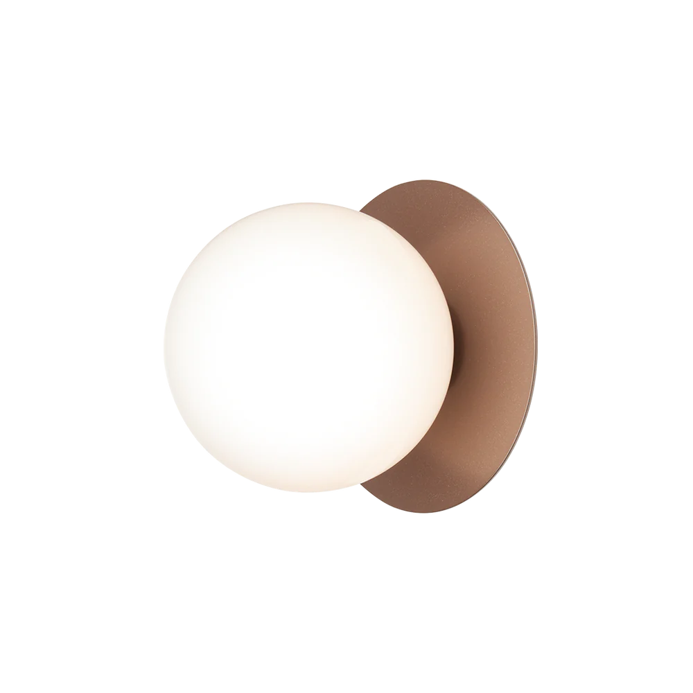 Nuura Liila 1 Outdoor Wall Lamp with bronze finish and opal glass globe, ideal for stylish outdoor wall or ceiling lighting in modern exterior spaces.