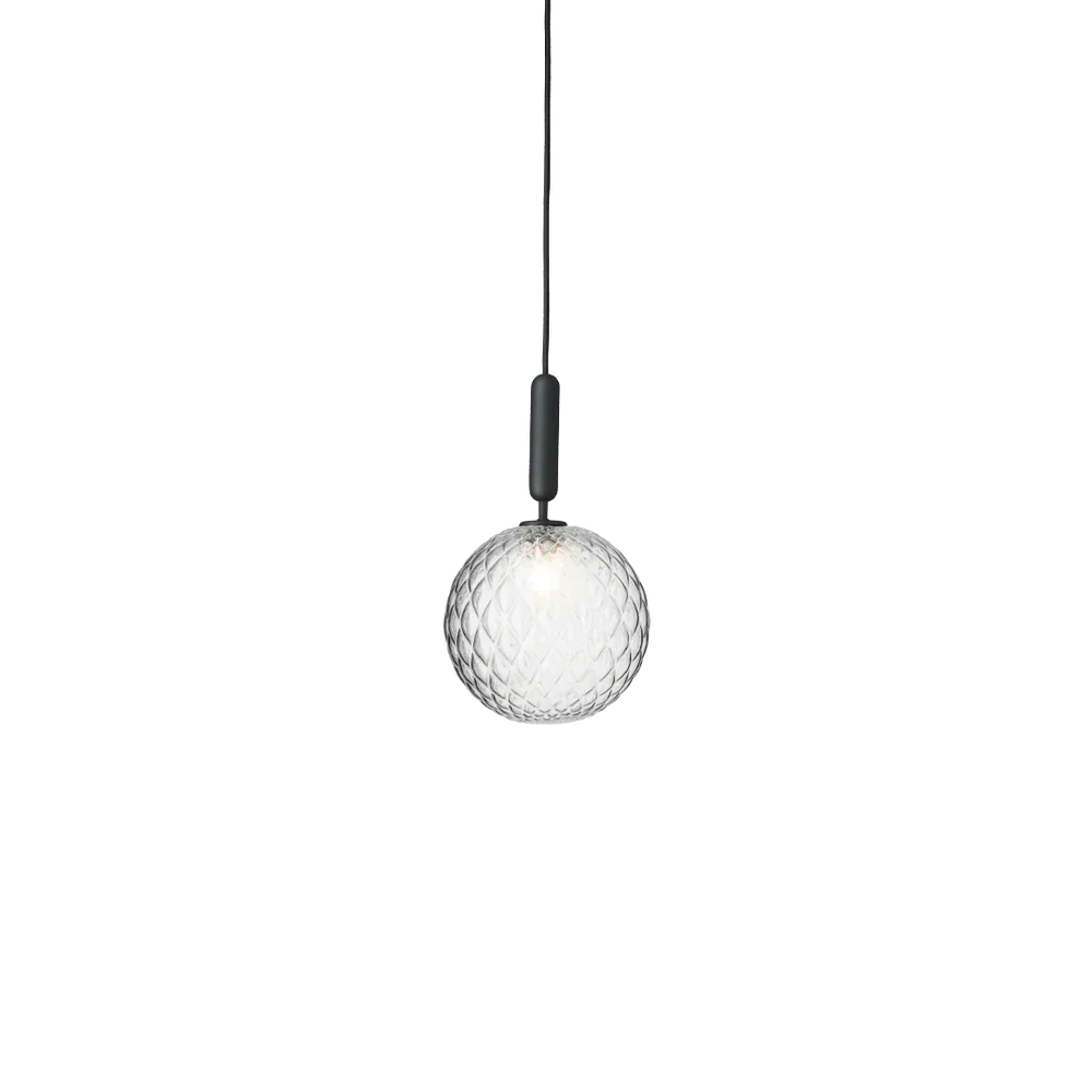 Nuura light, Miira pendant, large pendant lamp, living room pendant, sleek lamp, beautiful lamp, black pendant with clear patterned glass