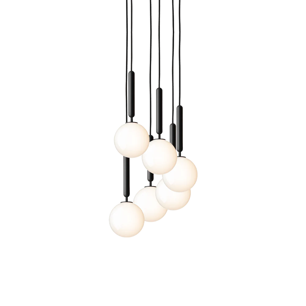 Miira 6 Chandelier by Nuura is rocky grey and opal glass Scandinavian light for dining lights, living room lights in house interior lights as contemporary lights for home decor