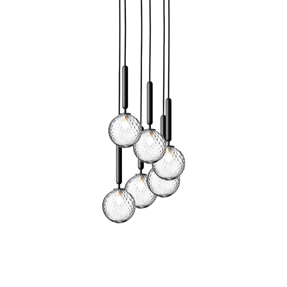 Miira 6 Chandelier by Nuura in rocky grey and clear glass is Scandinavian light for dining lights, living room lights in house interior lights as contemporary lights for home decorar 