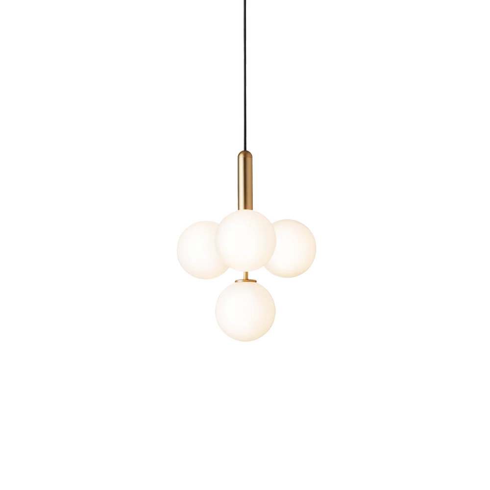 Four-light Scandinavian pendant lamp by Nuura, featuring brass frame and white glass shades for living room , dining room or kitchen lights