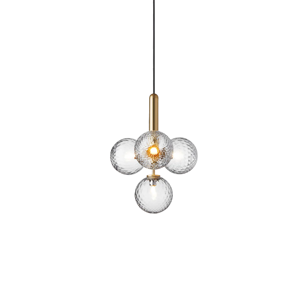 Four-light Scandinavian pendant lamp by Nuura, featuring brass frame and  clear glass shades for living room , dining room or kitchen lights