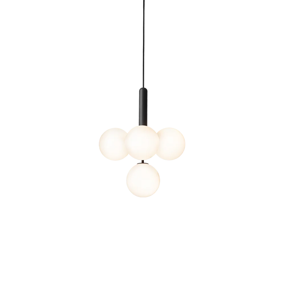 Four-light Scandinavian pendant lamp by Nuura, featuring black frame and white glass shades for living room , dining room or kitchen lights
