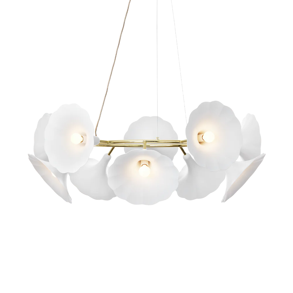 Petalii 10 chandelier with ten white flower-shaped shades and brass ring