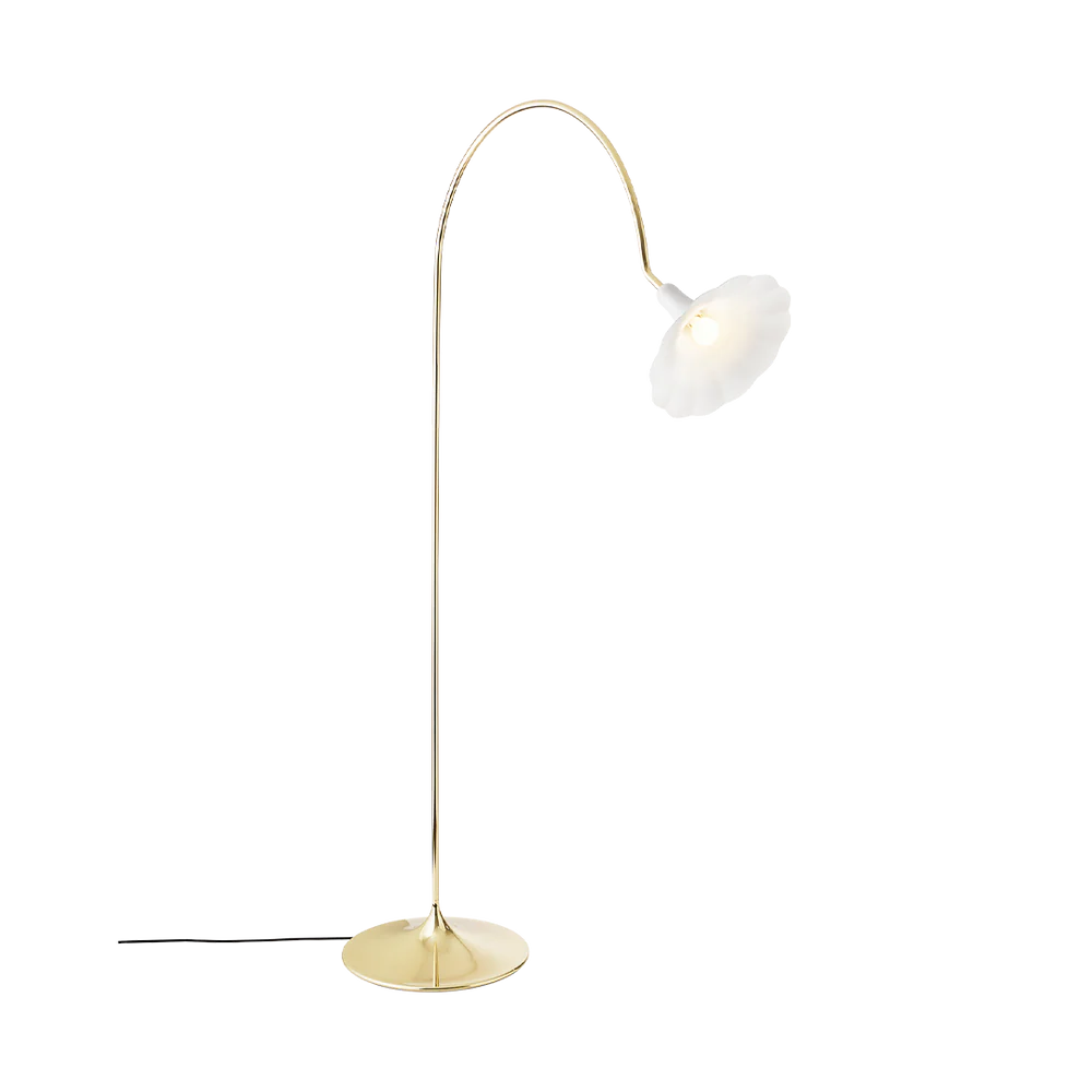 Petalii floor lamp with brass curved stem and white flower-shaped shade