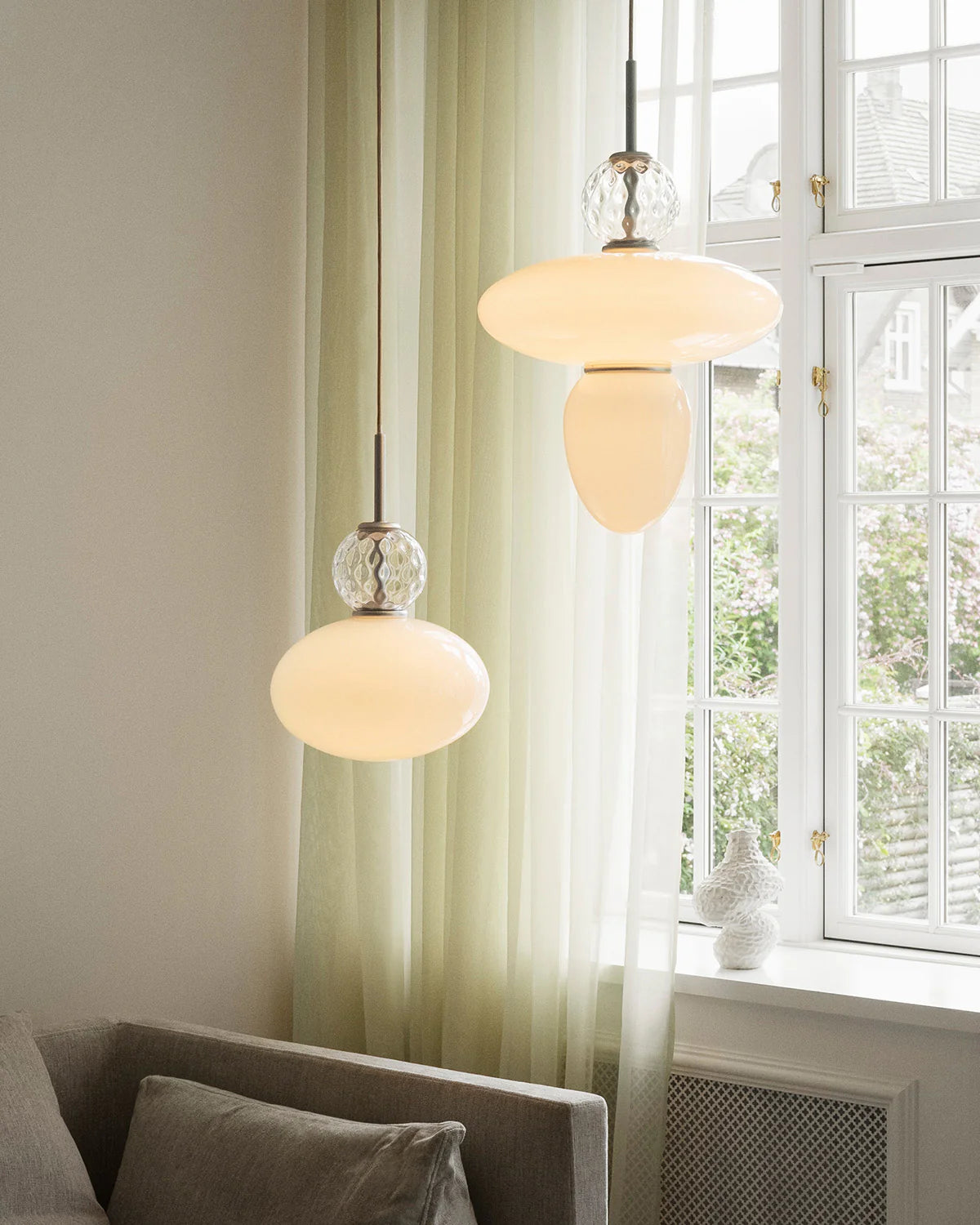 Rizzatto 43 pendant with clear and opal glass shades and satin silver finish