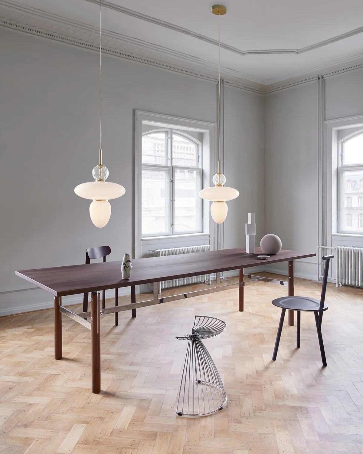 Rizzatto 43 pendant with clear and opal glass shades and satin silver finish