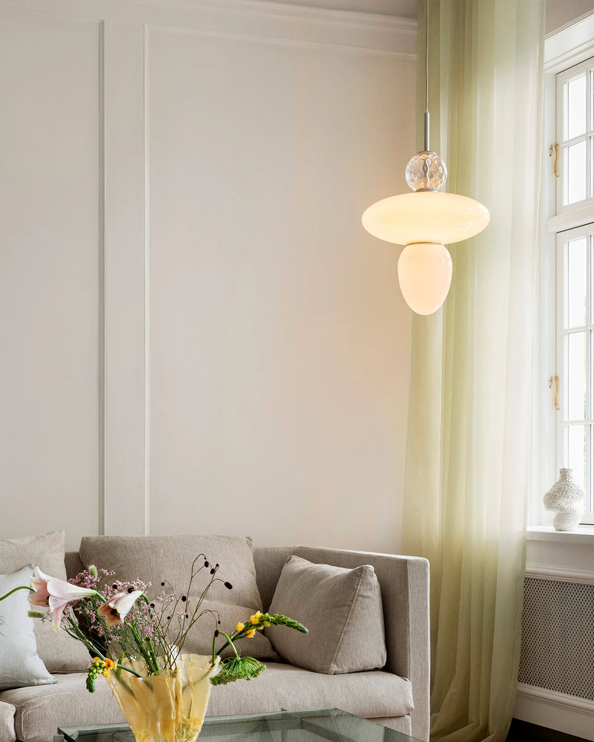 Rizzatto 43 pendant with clear and opal glass shades and satin silver finish