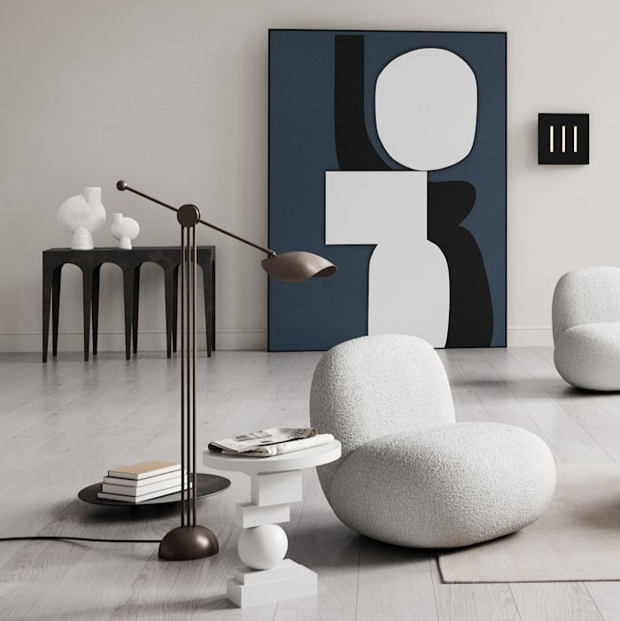 Stingray Floor Lamp by 101 Copenhagen featuring sweeping curved arms and sculptural shades for contemporary, artistic home lighting.

