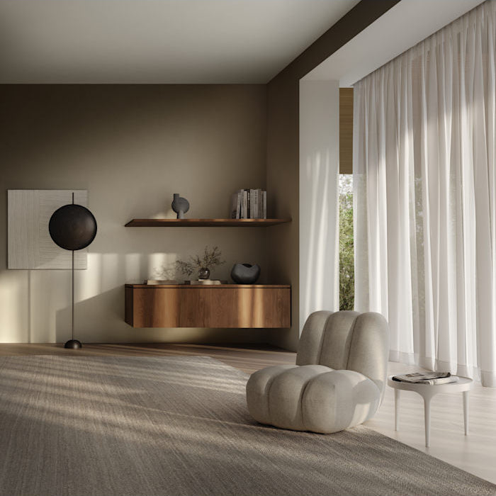 Totem Floor Lamp by 101 Copenhagen with a sculptural stacked design and warm light in a minimalist living room