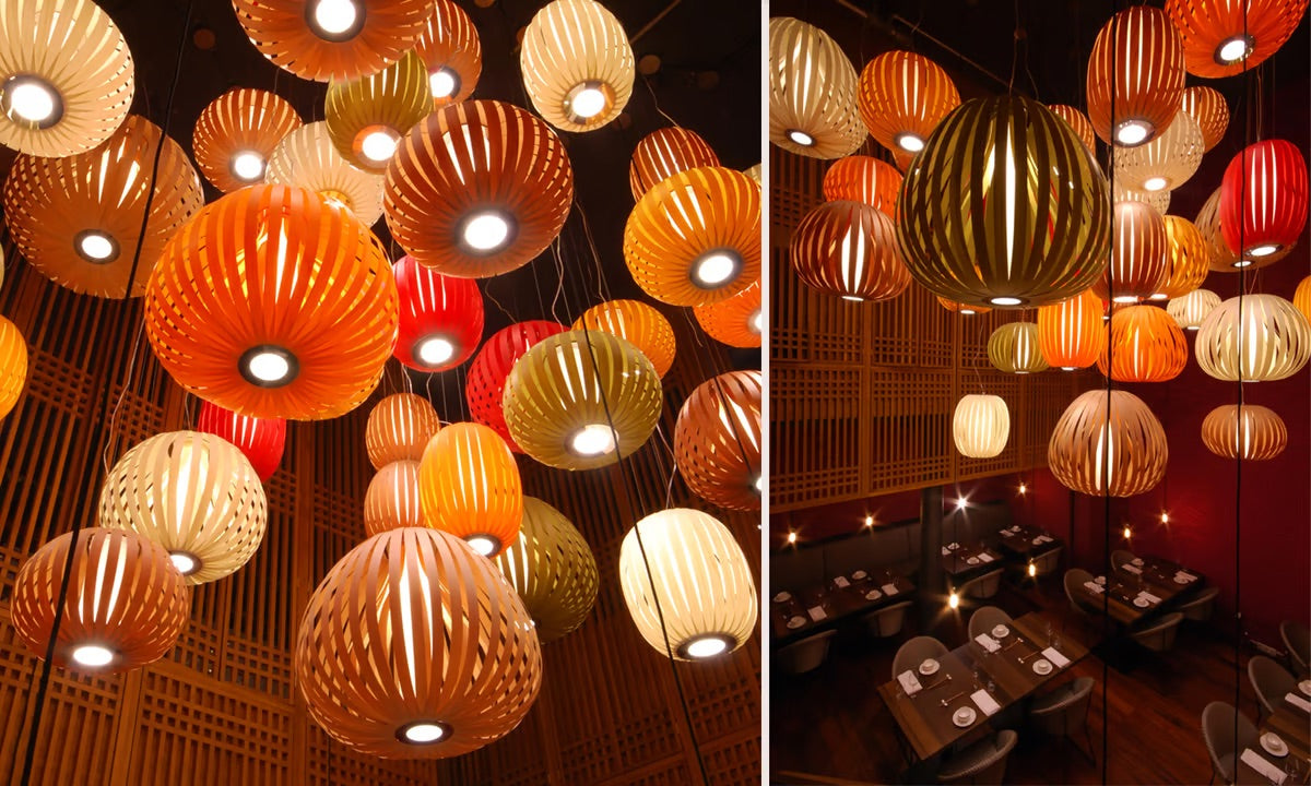 restaurant wooden suspended light. Best lighting. large pendant. ceiling light brands.