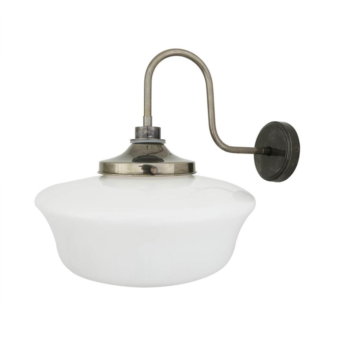 Anath Schoolhouse Swan Neck Wall Lamp by Mullan Lighting with a brass swan neck arm and opal glass globe shade, ideal for classic and contemporary interiors.