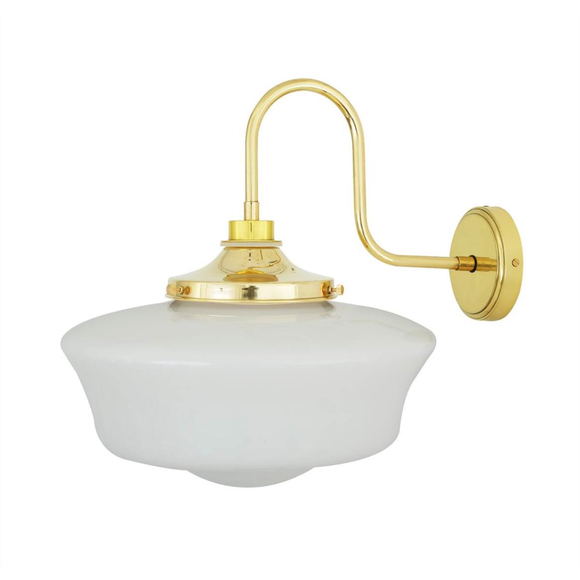 Anath Schoolhouse Swan Neck Wall Lamp by Mullan Lighting with a brass swan neck arm and opal glass globe shade, ideal for classic and contemporary interiors.