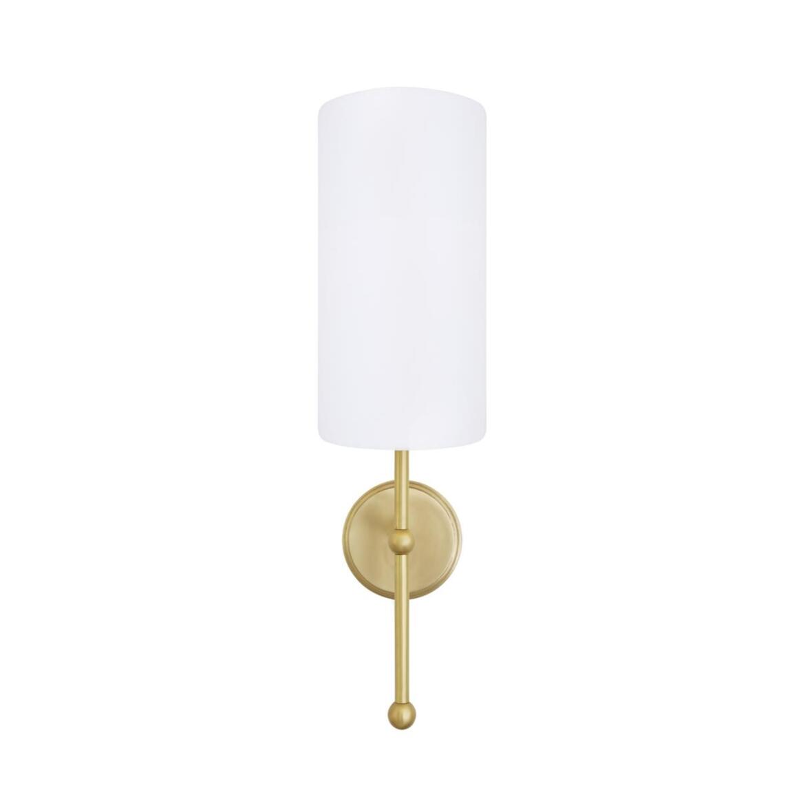 Wall sconce with white shade and gold fixture on a white background