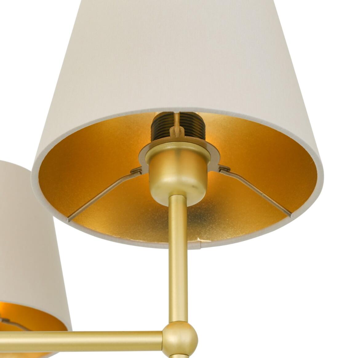 Close-up of a gold fixture with white lampshades on a white background