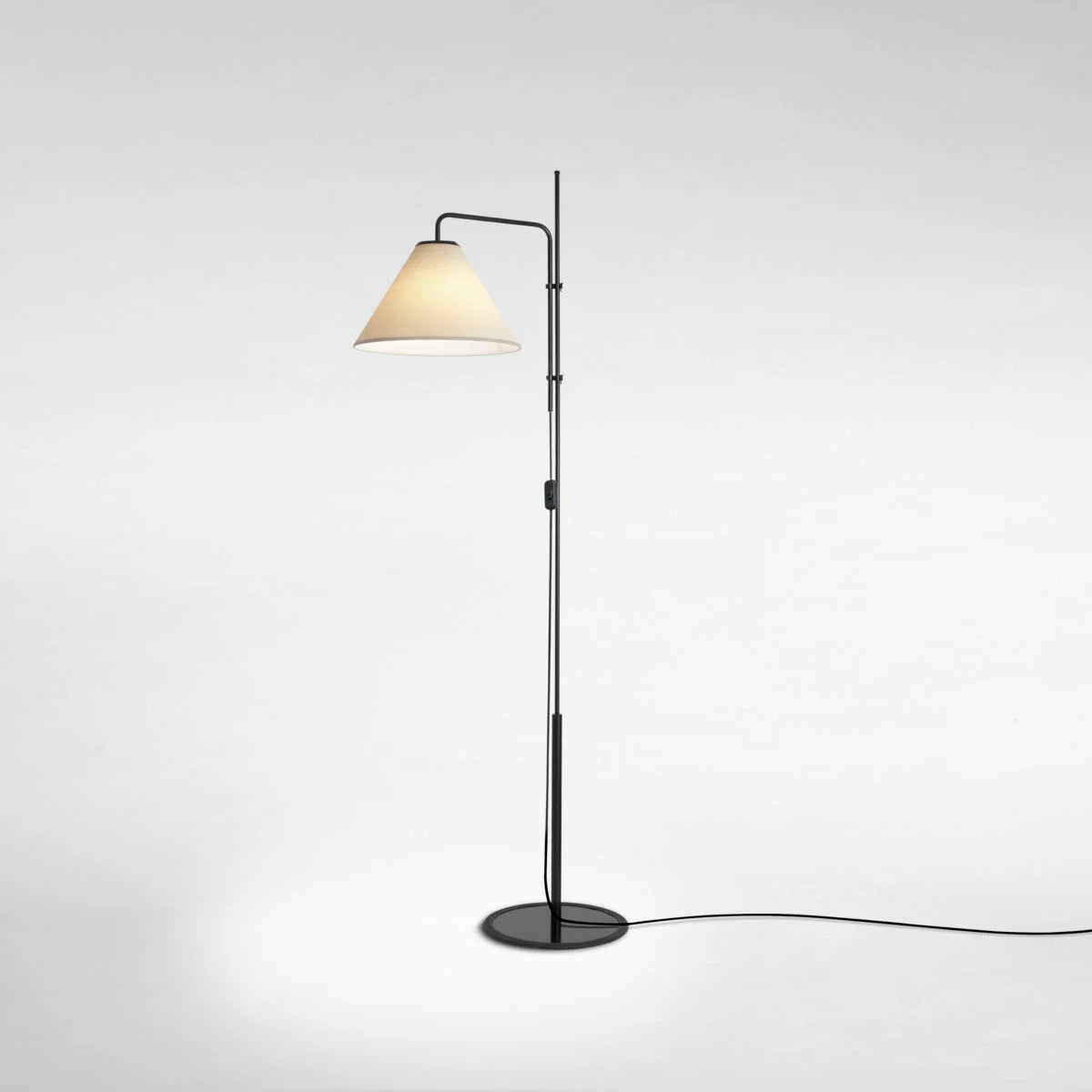 Black adjustable floor lamp with white fabric shade, Light by marset 