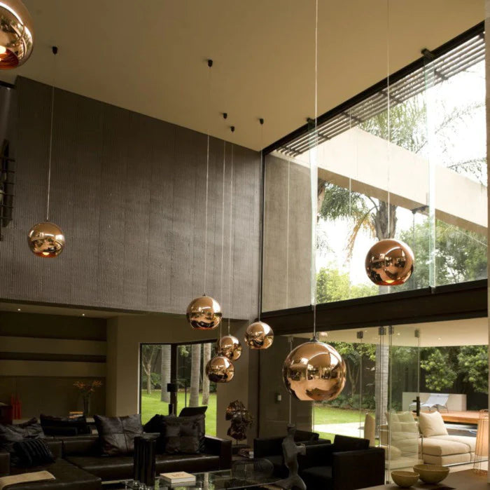 Copper Pendant Sphere lights & lamps, Metallic glossy copper Ball lights, Glass globe lights glossy reflective glass