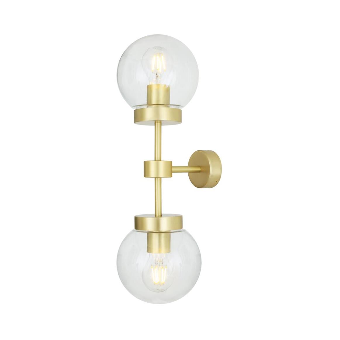 Gold wall sconce with clear glass shades on a white background