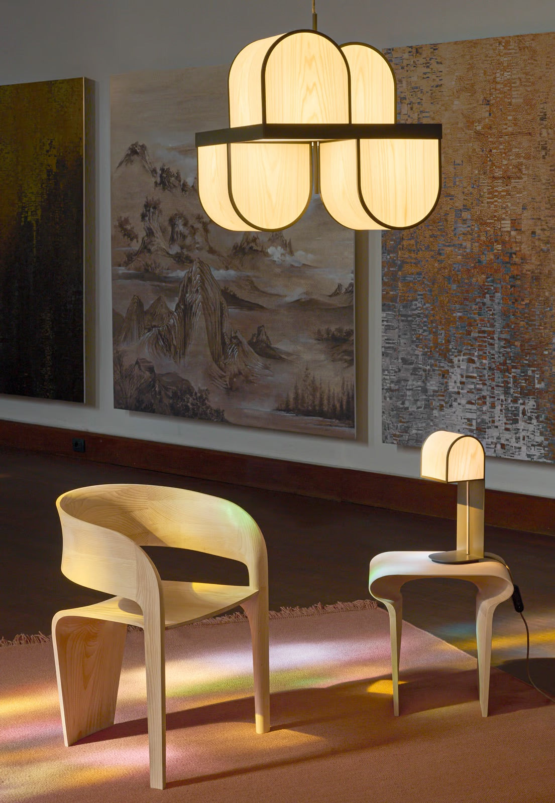 Wood Veneer Suspended lamp. Bauhaus lighting. bauhaus design with midcentury Modern natural veneer