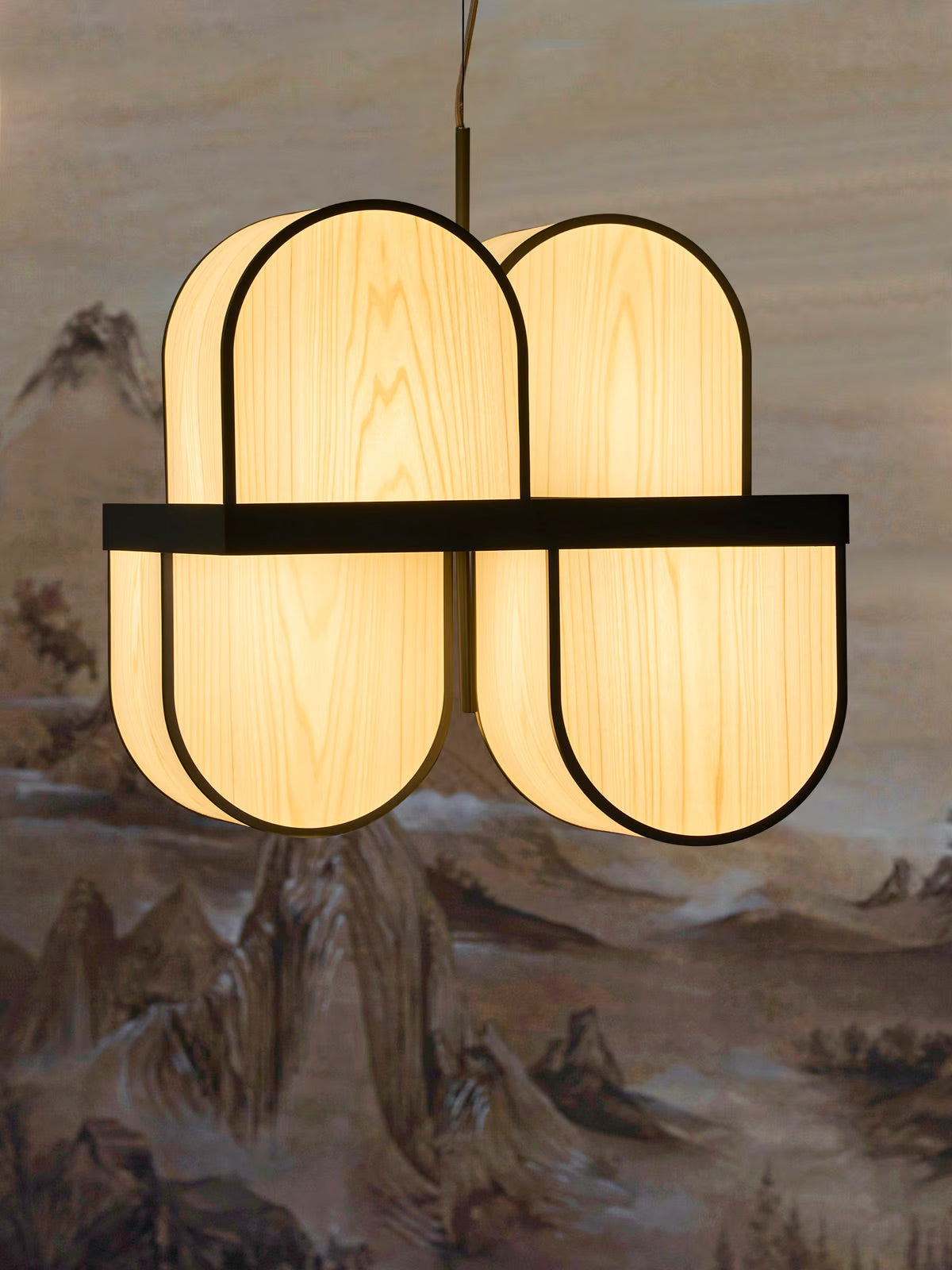 Wood Veneer white Suspended light. Bauhaus lighting. bauhaus design with midcentury Modern natural veneer