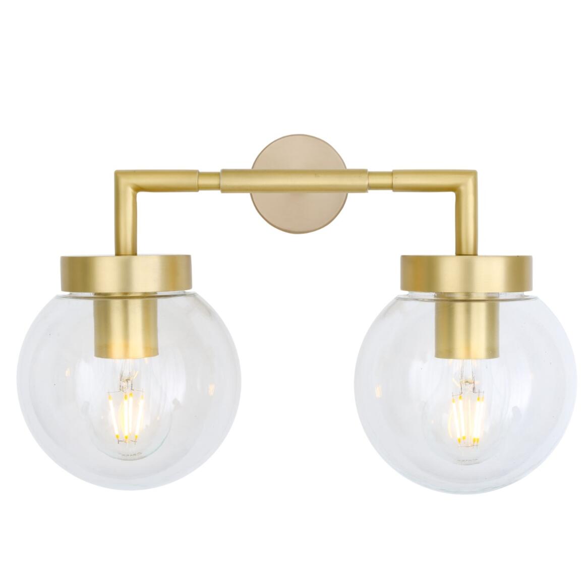 Pair of wall-mounted lights with gold fixtures and clear glass shades on a white background