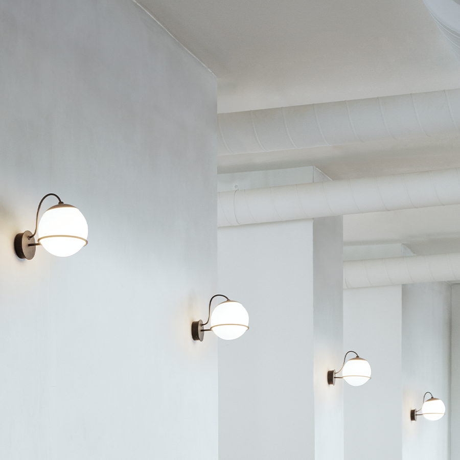 Astep Model 237/1 wall lamp with a single opaline glass globe held by a sleek steel ring and square backplate, offering elegant ambient lighting