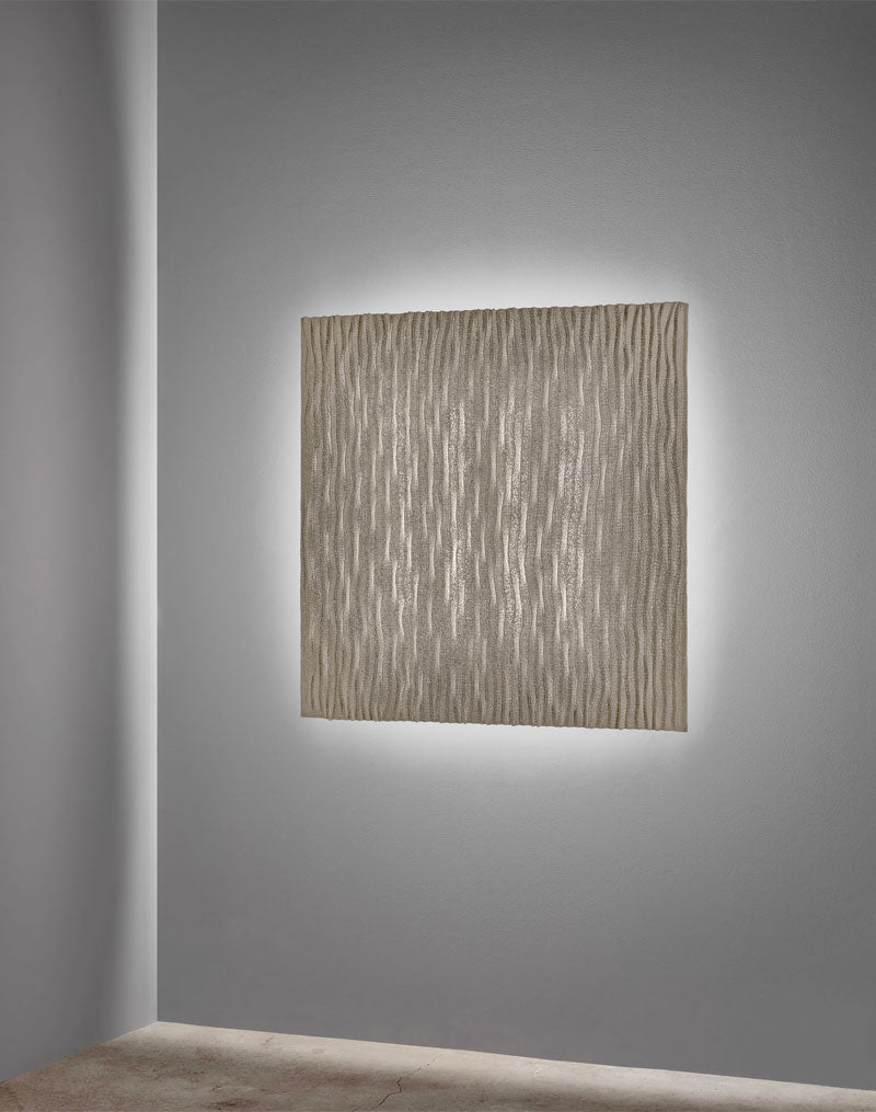 Elegant Planum Wall Lamp with flat geometric form and warm diffused glow, designed by A Emotional Light for contemporary décor.