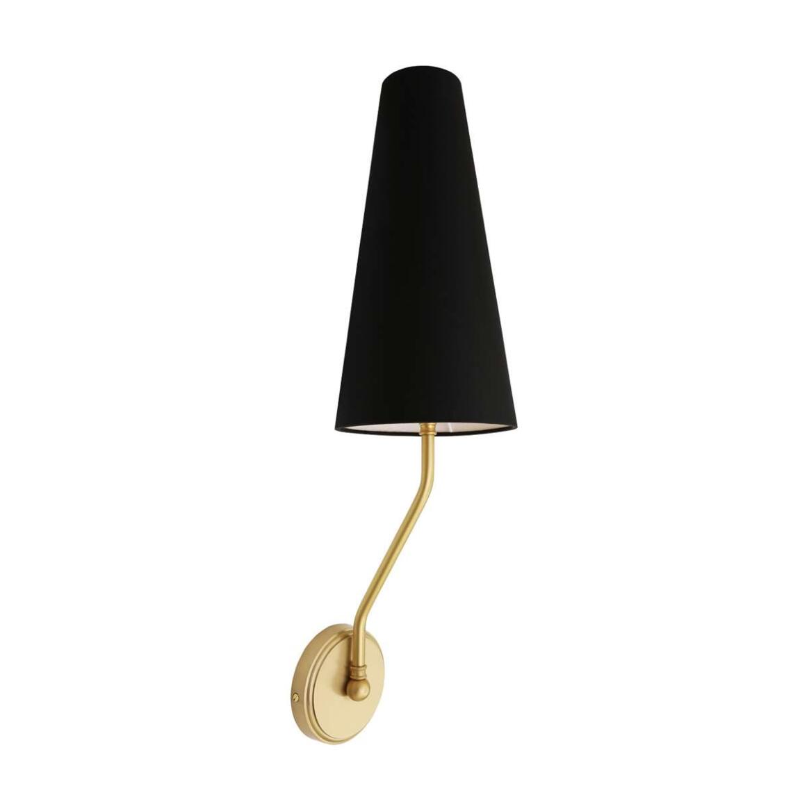 Wall sconce with black cone shade and gold arm on a white background
